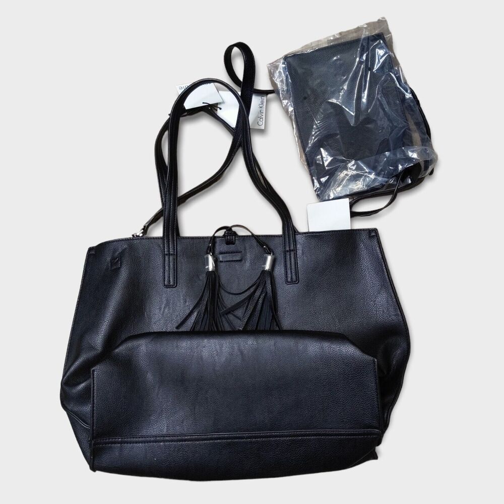 Calvin Klein Reversible Pebbled Shoulder Tote Bag Black-Beige with Zip Pouch